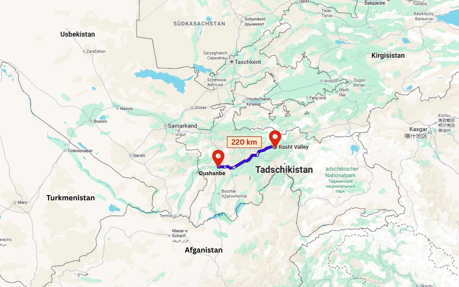 Karte von Tadschikistan mit markierter Route von Duschanbe ins Rascht-Tal und einer Entfernungsangabe von 220 Kilometern.